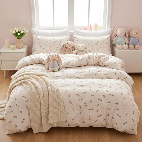 Parure de lit 135 x 200 cm, beige marron, fleurs de tulipe, petites fleurs, motif botanique, parure de lit esthétique kaki, fleurs, motif plantes, microfibre, housse de couette (1/5)