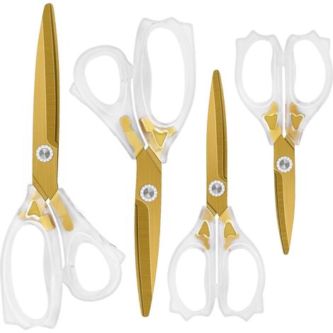 Lot de 4 paires de ciseaux en acrylique - Lames tranchantes en titane - Manche ergonomique ABS - Ciseaux multi-usages - Couture et maison - Transparent et doré (1/5)
