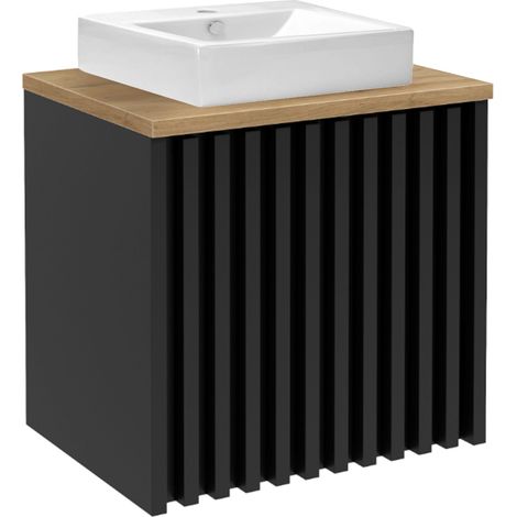 STAMAR  Badezimmermöbelset - 60x56x45 cm - Schwarz mit Eichenplatte - Modernes Design - Mit Waschbecken