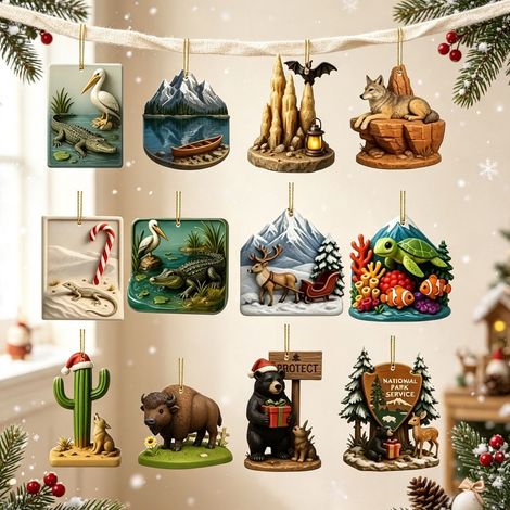 Calendrier de l'Avent Parcs Nationaux 2026, 24 décorations suspendues en acrylique 2D avec des motifs de nature et de paysages, ornements de sapin de Noël originaux pour une décoration festive. (1/5)