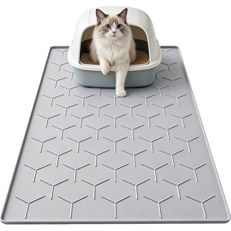 Tapis Litiere Chat, 86x56cm Tapis de litière pour Chat en Silicone, Imperméable Facile à Nettoyer, Gris (1/5)