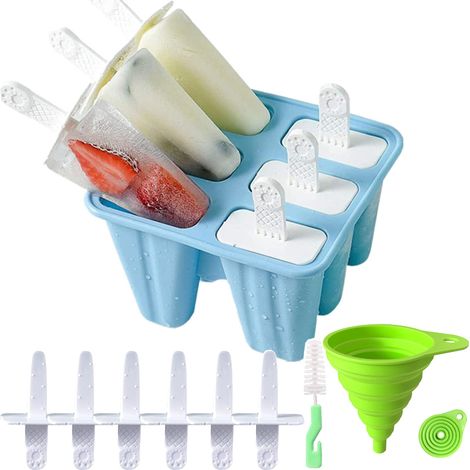 Moule à glace en silicone bleu à 6 compartiments, bâtonnets de glace réutilisables et brosse de nettoyage (1/4)