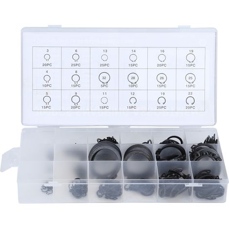 Pince circlips, 300pcs 2-32mm Kit de bague lastique E-Clip Kit de bague de retenue pression externe Assortiment de bague de retenue externe Noir (1/5)