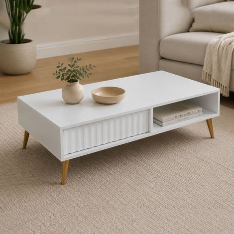 Mesa de Centro Lipa, 2 Cajones, con Patas Efecto Estriado, un Compartimento, 102x67x35h cm Blanco (1/3)