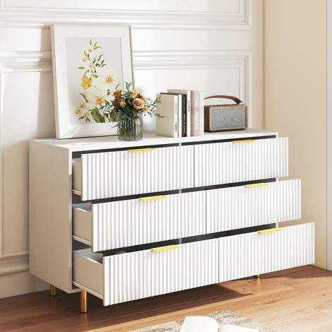 Cómoda de 6 cajones (120x40x72 cm), con amplio espacio de almacenamiento, patas metálicas, MDF, blanco (1/5)