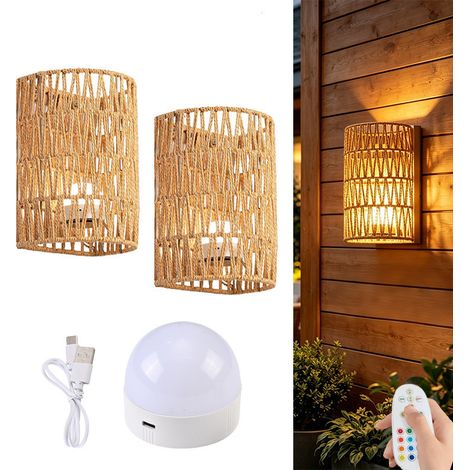 Lampe murale bohème 2 pièce en rotin tressé kaki – Applique sans fil à piles – Télécommande incluse – Lumière RGB et luminosité réglables – Pour chambre, salon et couloir (1/5)