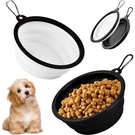 Lot de 2 gamelles pliables pour animaux de compagnie (grandes, 1000 ml) avec mousqueton – Gamelle de voyage spacieuse pour chiens, résistante à l'eau et aux aliments, noir et blanc (1/5)