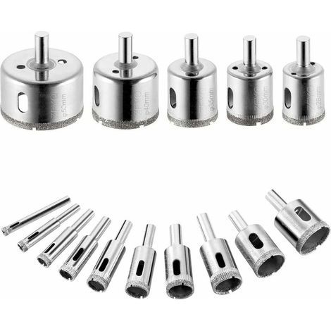 Set of 15 Diamond Drill Bits, Hole Saws for Carbon Steel, Drilling Glass, Ceramic, Porcelain, Tile, Marble, 6/8/10/12/14/16/18/20/22/25/28/30/35/40/50 mm (1/5)