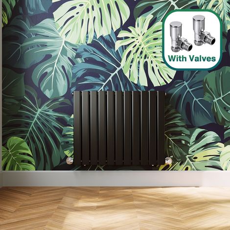 ELEGANT Modern Black Flat Panel Central Heating Radiator 600 x 748mm Horizontal Double Panel Rads + Chrome Angled Radiator Valves (1/5)