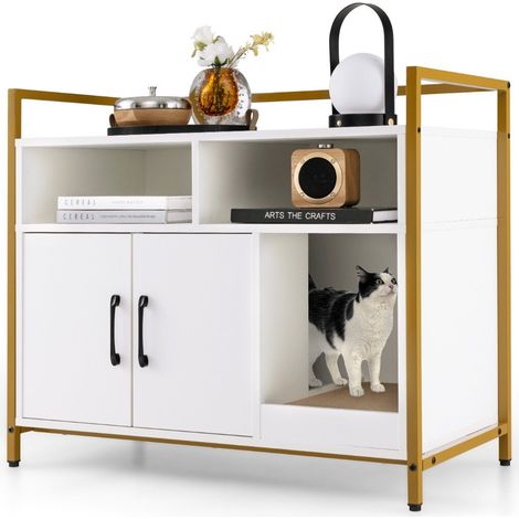Cat Litter Box Furniture Removable Industrial Scratching Post Cat Toilet House Anti-tilt Rustproof Metal Structure 89x45x74.5cm White (1/5)