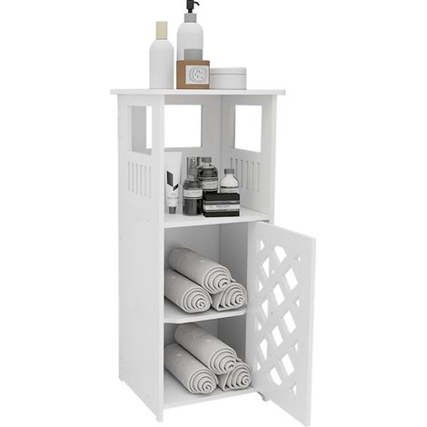 – Meuble bas de salle de bain blanc en PVC – 3 étagères et portes – Compact 24x22x56 cm – Imperméable et facile à nettoyer (1/5)