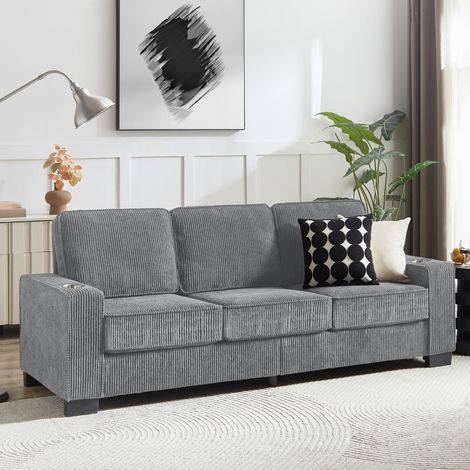 Sofá de 3 plazas de pana gris, 206 x 72 x 86 cm, con portavasos OKMYHOME (1/5)