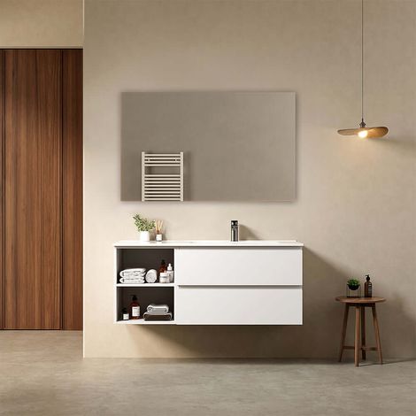 Mobile bagno sospeso 120 cm Bianco Lavabo a Destra in Ceramica Specchio Quadro - Fiji Paint Plus (1/4)