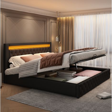 Polsterbett 140/200 cm schwarz aus PU mit LED-Kopfteil und Bettkasten (1/5)