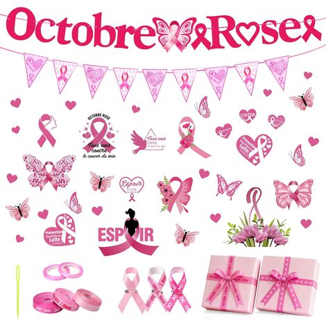 Kit Décoration Vitrine Octobre Rose Stickers Fenêtre Guirlandes 9 Pcs (1/5)