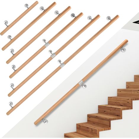Randaco Rampe murale en hêtre 80 cm, main courante antidérapante Ø4,2 cm avec support inox, pour enfants seniors (1/5)