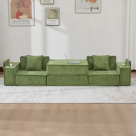 Divano letto 2 posti 162x78x66 cm in tessuto chenille verde, modulabile per soggiorno FloraGrace (1/5)