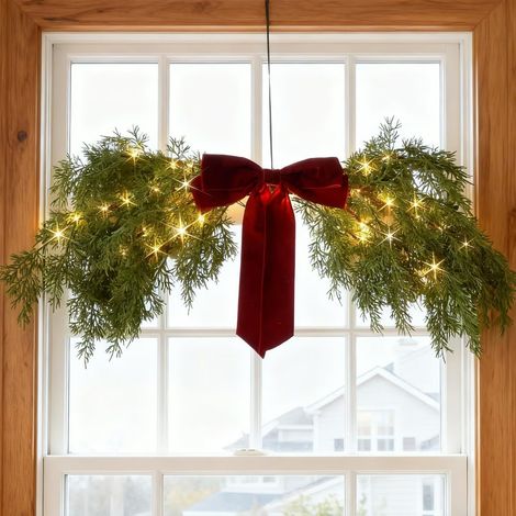 Guirlande De Noël - Branches Réalistes Avec Lumières Led Intégrées - Ruban En Velours Rouge - Pour Portes, Escaliers Et Cheminées - Extérieur Et Intérieur - 1 Pièce (1/5)