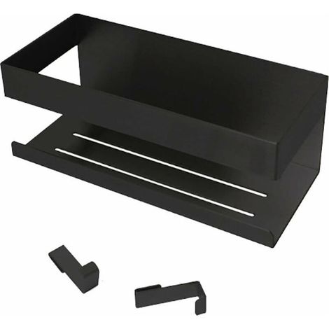Etagere Douche, Étagère Douche Sans Percage, Étagère Salle de Bain Inox, Rangement Douche, Adhésif Pose Serviteur de Douche pour Shampooing, avec Lot de 2 Crochets, Noir Mat (1/4)
