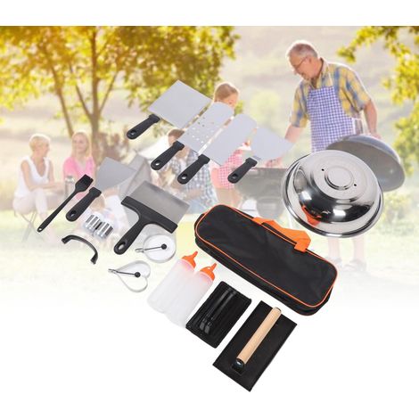Set professionale per barbecue da 17 pezzi - Accessori per barbecue da esterno con spatole in acciaio inox, anelli per uova, pressa per carne, pentole e spazzola (1/4)