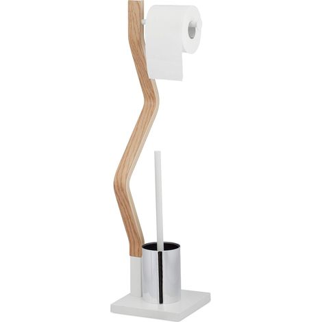 Brosse WC et dérouleur Papier, Ensemble Autonome, Bois et Acier, HLP 75 x 18,5 x 18,5 cm, Blanc/Nature (1/5)