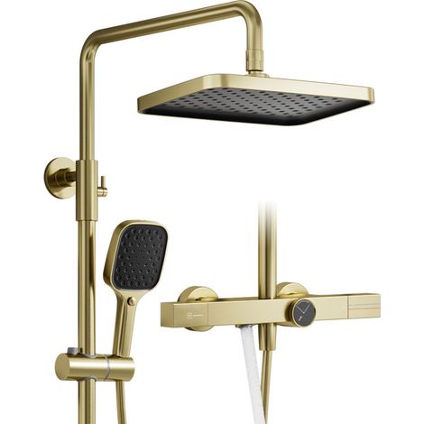Colonne de douche thermostatique, douche or brossé, corps en laiton Système de douche thermostatique 40 °C, douche de tête 283 × 193 mm, douchette 3 modes et sortie d’eau inférieure 2 modes (1/5)
