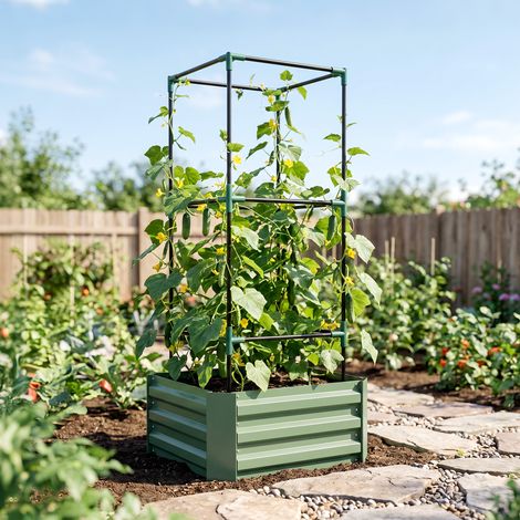 Grand pot de fleurs d'extérieur avec treillis et fond ouvert pour plantes grimpantes 61 x 61 x 140 cm Vert (1/5)