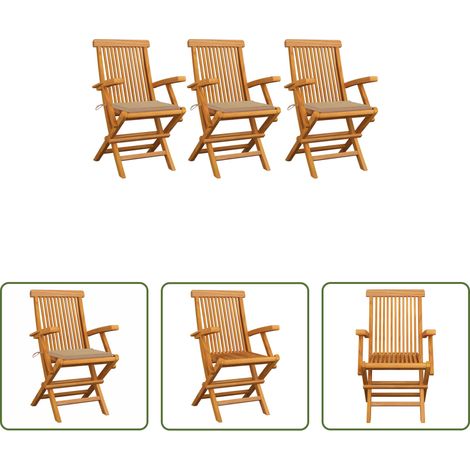 Teakholz - Gartenstühle mit Beige Kissen 3 Stk. Massivholz Teak (1/5)
