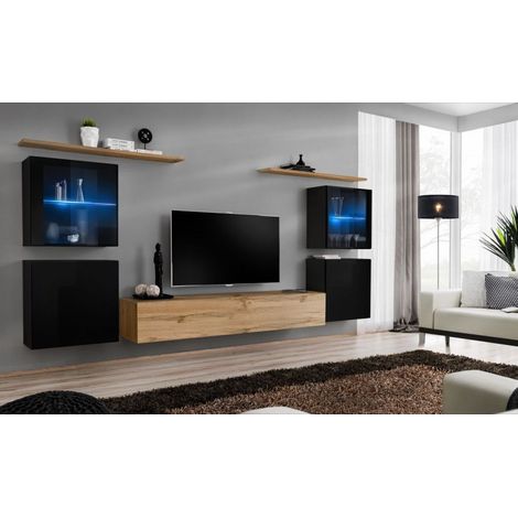 Ensemble mural - Switch XIV - 4 vitrines - 1 banc TV - 2 étagères - Bois et noir - Modèle 2 - Livraison gratuite