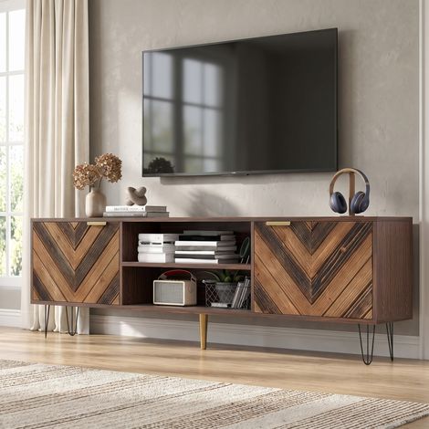 Meuble TV 155x38x48cm avec 2 Portes et 2 Compartiments en Panneau de Particules et Placage Bois Massif Style Moderne Naturel (1/5)