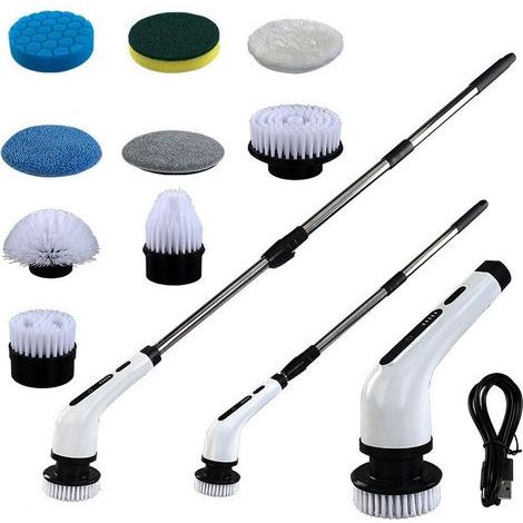 Brosse de nettoyage électrique 9 en 1, haute puissance, réglable sur 2 niveaux, salle de bain, baignoire, WC, brosse de nettoyage pour douche de cuisine (blanche) (1/5)