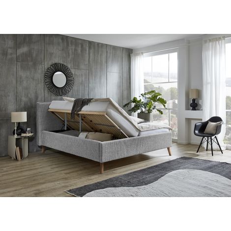 Meise Möbel Stauraumbett Riva 160x200 cm  Doppelbett  Bettkasten & Lattenrost (Federholzrahmen)  Webstoff Nebelgrau  Holzfuß eichefarbig (1/5)