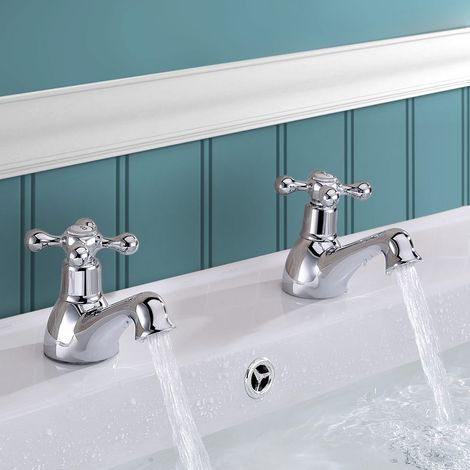 Strafford Victorian Chrome Cross Head Basin Hot & Cold Tap Pair + Waste (1/5)