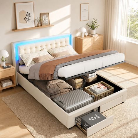 Lit coffre 140x190 cm beige, lit double avec rangement hydraulique et 2 tiroirs, tête de lit nuage avec LED, cadre en métal noir, sommier à lattes, velours