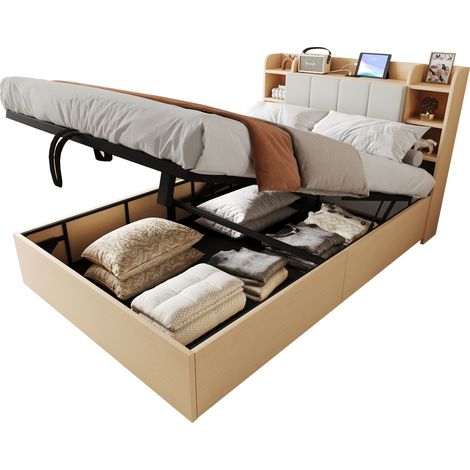 Lit coffre hydraulique 140x200 cm avec tête de lit rangements, prise USB et Type-C, grand espace sous le lit, MDF bois clair, sans matelas  CHICFURN (1/5)