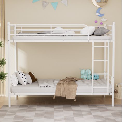 Cama litera 90x190 cm de acero, blanca, con escalera metálica y barandilla de seguridad OKMYHOME (1/5)