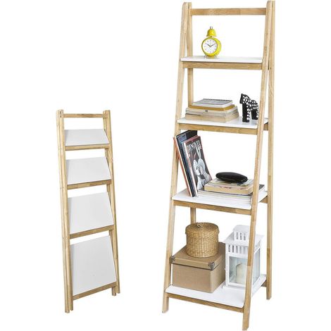 Sobuy – Bibliothèque étagère pliable style échelle FRG162N – 4 niveaux de rangement – Bois de hévéa et MDF – Dimensions L42cm x H140cm x P34cm