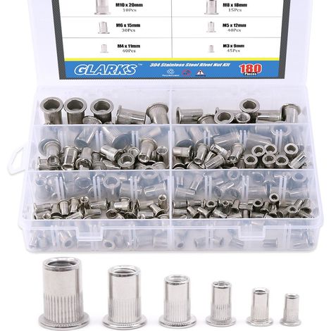 180pcs M3/M4/M5/M6/M8/M10 Kit d'assortiment d'écrous de rivet à tête plate, Rivnut d'insertion en acier inoxydable, écrous de rivet filetés, Rivnut métrique pour l'automobile, meubles (1/5)