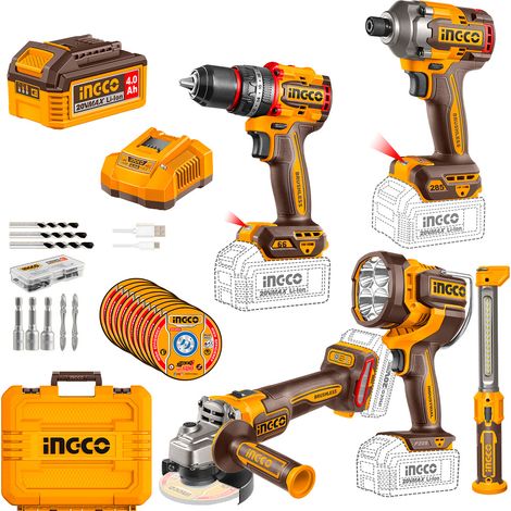 Ingco Conjunto Taladro + atornillador impacto + amoladora + 2 Lámparas COSLI250692E