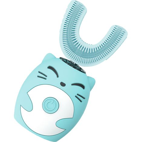 Brosse à dents enfant en silicone souple en forme de U, motif cartoon, brosse électrique bleue, poils doux, pour petits, hygiène dentaire ludique. (1/5)