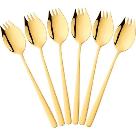 6 Pièces 2 en 1 Multifonction Spork (Cuillère et Fourchette), en Acier Inoxydable Or Cuillère et Fourchette Set pour Nouilles, Pâtes, Fruits et Autres, Lavable au Lave-Vaisselle (1/5)