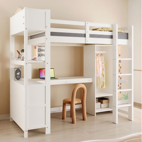 Letto rialzato 90x200 cm con scrivania, mensole e armadio, in legno, bianco, senza materasso (1/5)