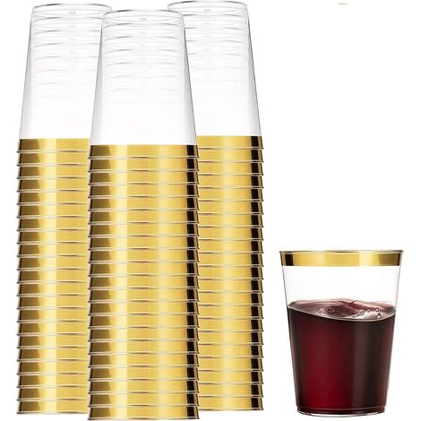 50 Verres à vin, Bordure dorée, Plastique PS, 360ml, Réutilisables, Pour fêtes et mariages