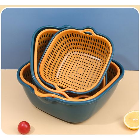 Bac à légumes double paroi en plastique, égouttoir de cuisine multifonctionnel, corbeille à fruits, petit format, bleu et jaune (1/5)