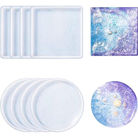 8 Pièces Réutilisable Coaster Moules en Résine Comprendre Rond,Carré Moule Resine Epoxy pour Makesous-Verres,Tapis de Bol,Décors(Transparent White) (1/5)