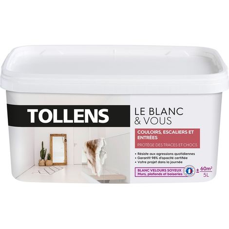 Peinture Blanche Spéciale Couloirs, Escaliers et Entrées - TOLLENS - Velours - Blanc 5L = 60m2