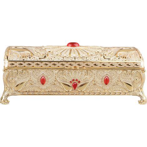 Coffret à bijoux vintage sculpté, élégant alliage doré résistant, doublure velours doux, boîte de rangement pour accessoires sur étagère de coiffeuse. (1/5)