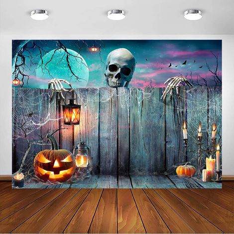 (2,1 x 1,5 mètres) Toile de fond d'Halloween avec un design effrayant de crâne et de citrouille, adaptée aux décorations de fête d'Halloween. (1/4)