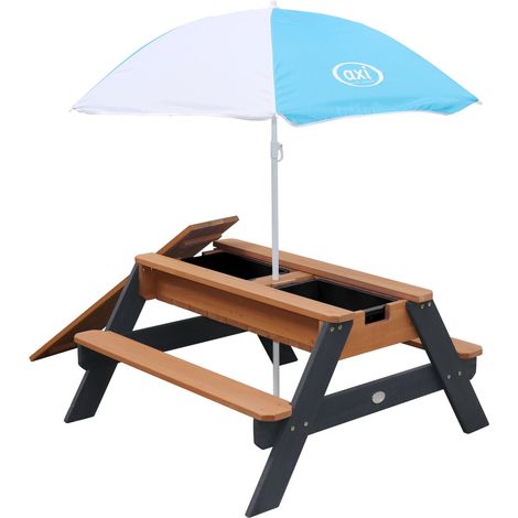 Axi Nick Table Sable Et Eau / Pique Nique Avec Parasol En Bois Marron Et Gris 95 X 97 X 48 Cm Avec Couvercle, Boîtes De Rangement & Parasol Extérieur Pour Le Jardin