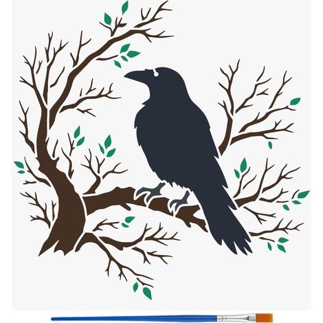 Pochoirs Motif Branche et Corbeau avec un Pinceau 30x30cm Pochoirs Arbre et Oiseau Modèle PET Thèmes Animaux pour Peinture sur Bois Carrelage Mur Meuble Scrapbook DIY (1/5)